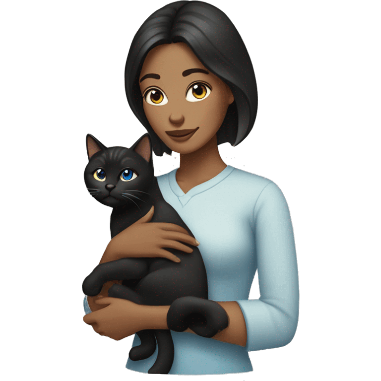 woman with black hair and blue eyes holding a tabby cat emoji