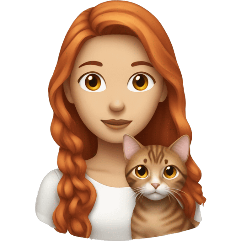 red haired girl with brown eyes holding a brown tabby cat emoji