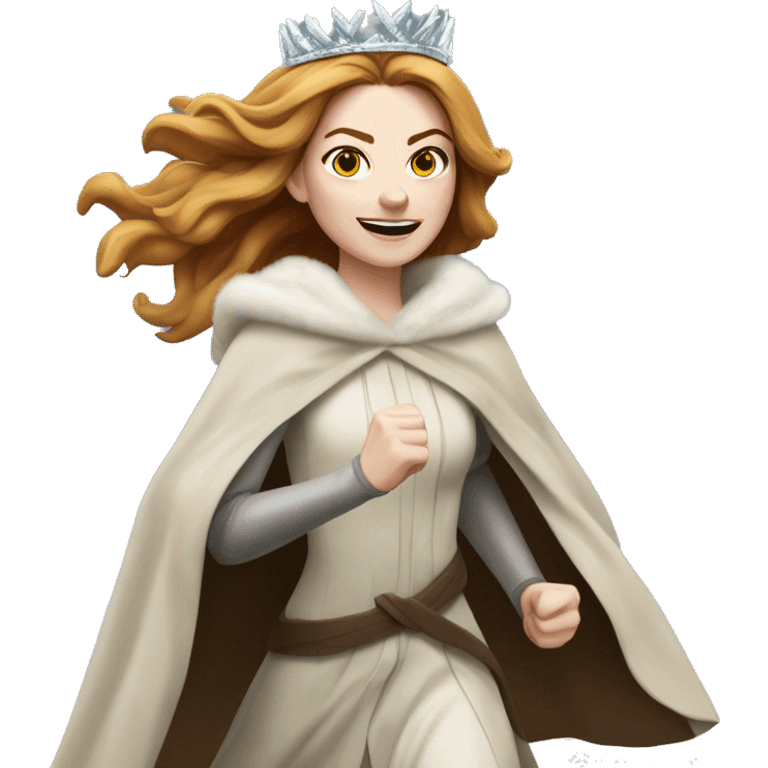 Emma Stone running, with a large stride and arms outstretched, wearing an icicle crown and winter cloak, long golden brown hair emoji