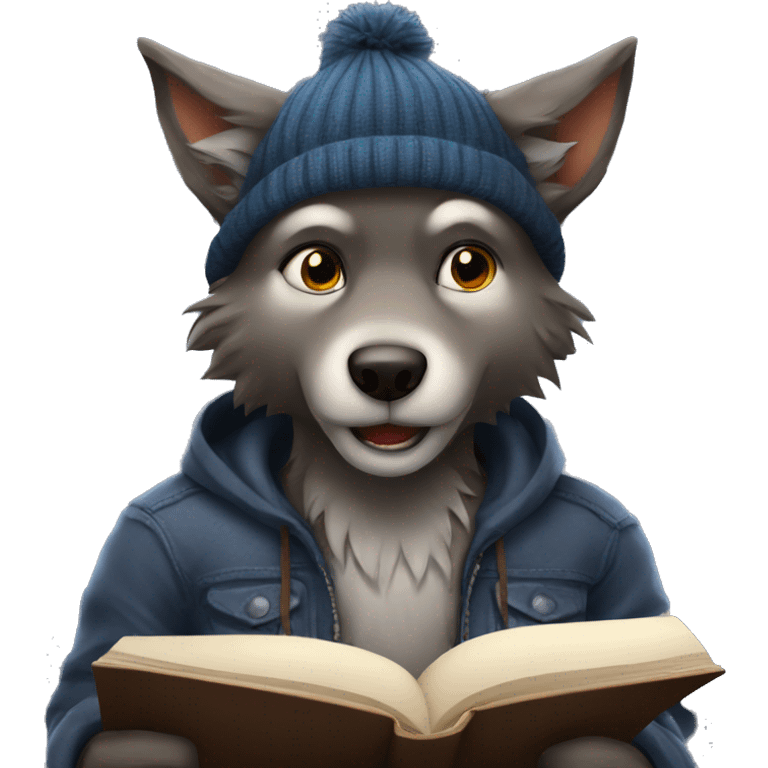 cute werewolf with a beanie reading a book  emoji