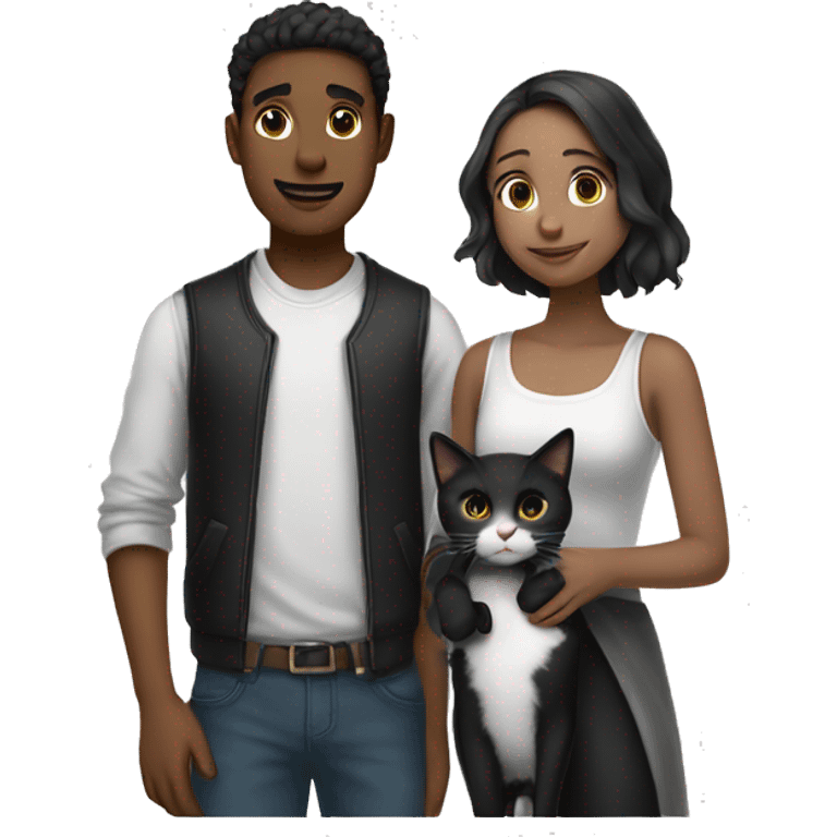 A guy and a girl with fair skin are standing next to each other and holding a black and white cat in their arms emoji