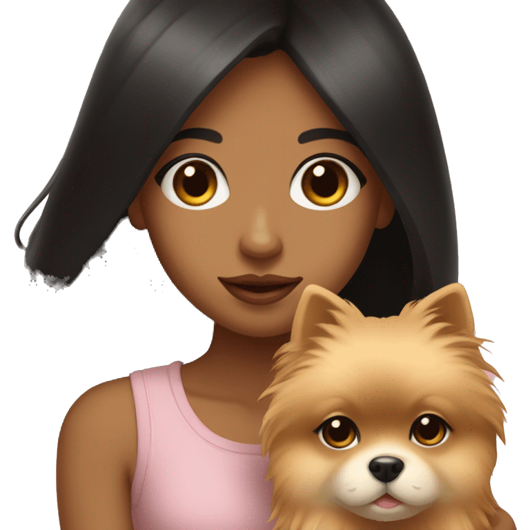 A girl with long black hair, light brown eyes, big lips, holding a light pomeranian in her hands emoji