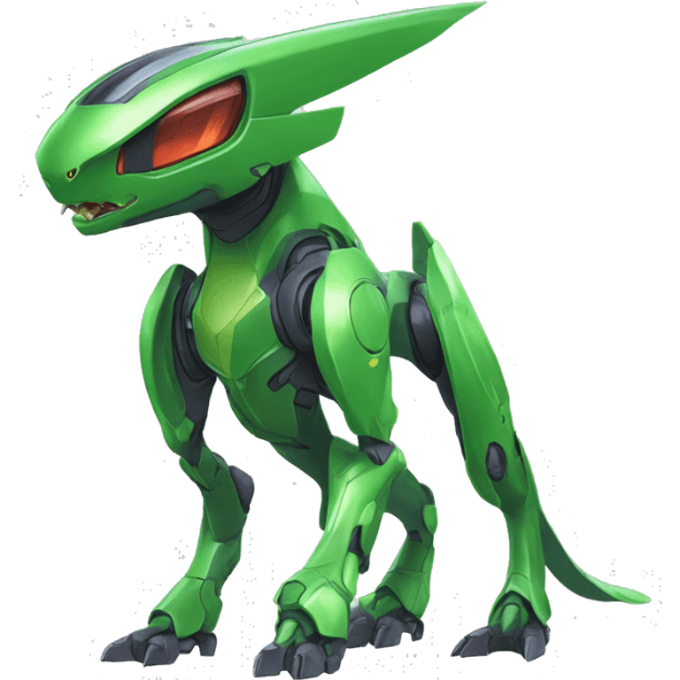 a shiny green Genesect-Raptor-Fakémon—hybrid with a futuristic visor-helmet full body emoji