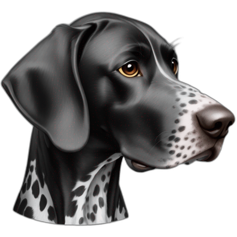 black german shorthair pointer, long snout, full black head, without white on the head, with white hair on the snout, black and white spotted body emoji