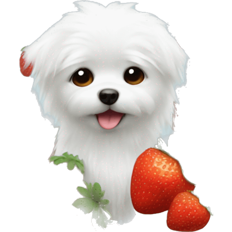 White furry little dog with strawberries emoji