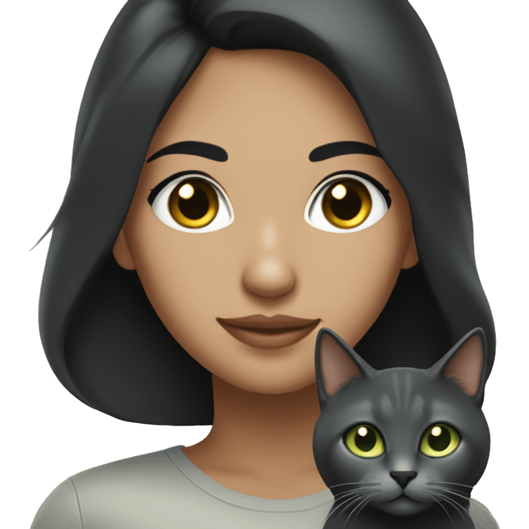 A Hispanic woman  with light freckles with  long black hair holding a Dark gray cat with light green eyes emoji