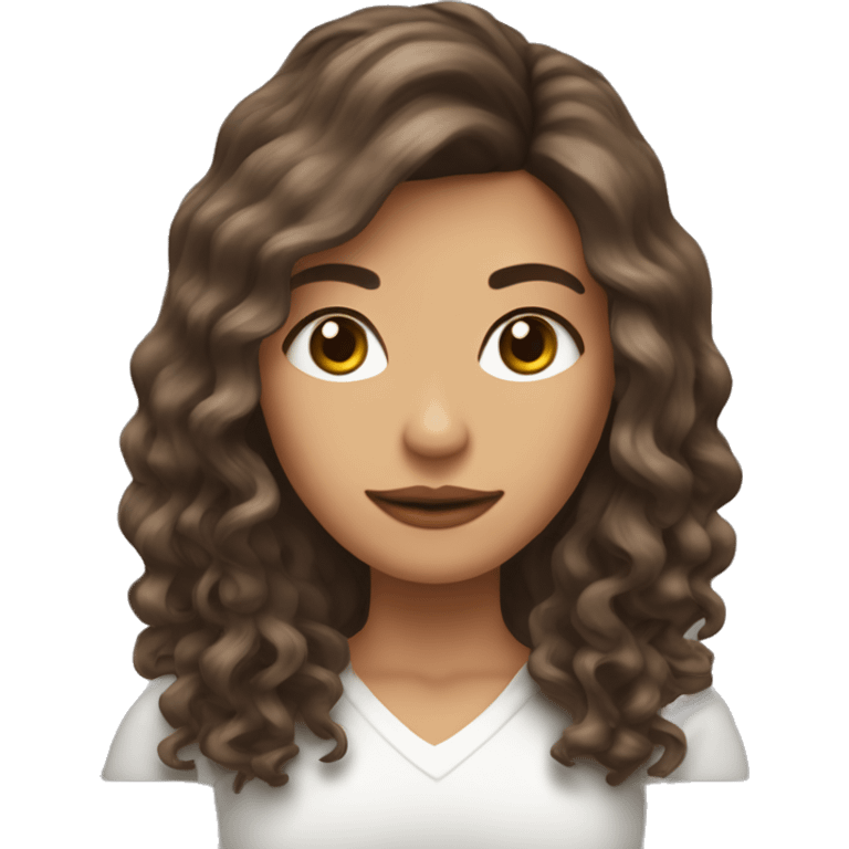 mujer con pelo largo, flequillo y rizos. ojos marrones emoji