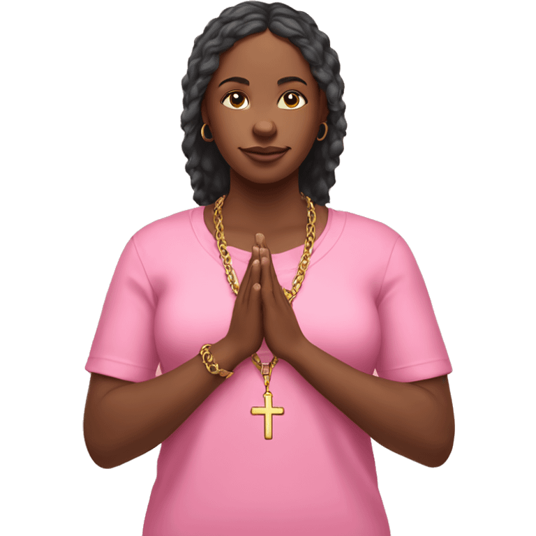 Black woman pink shirt praying with cross necklace in hands emoji