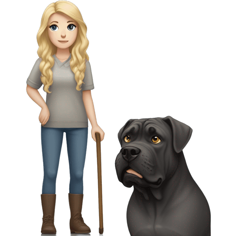 white woman with freckles, blue eyes and long blonde hair alongside a cane corso dog  emoji