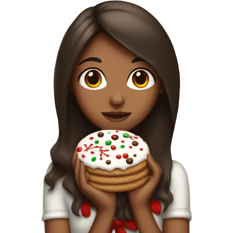 Tan girl with dark brown long hair holding a Christmas cookie  emoji