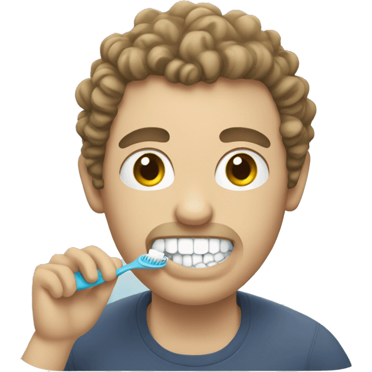 White man with curly short hair brushing his teeth emoji