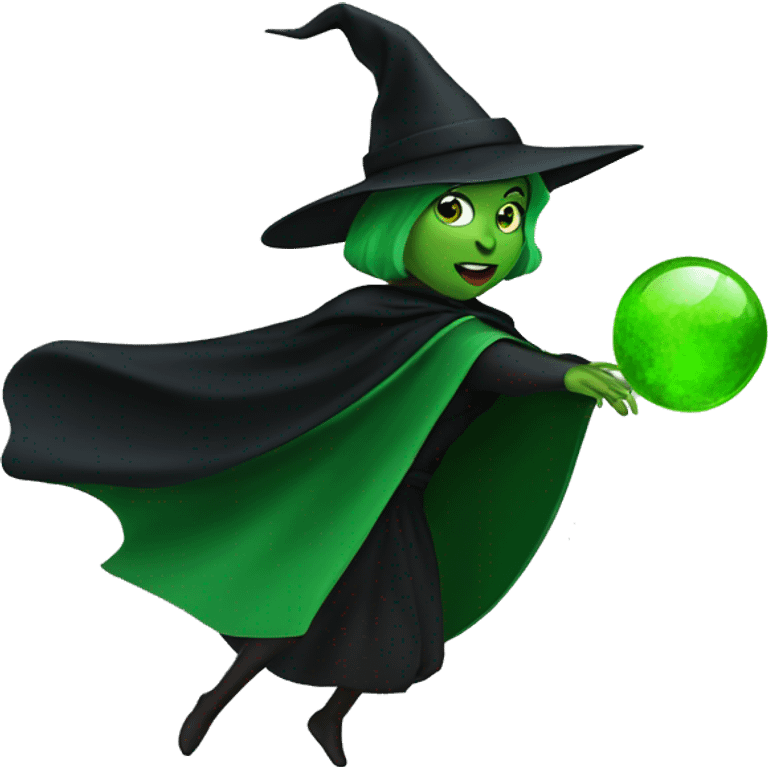 Flying green witch with black cape emoji