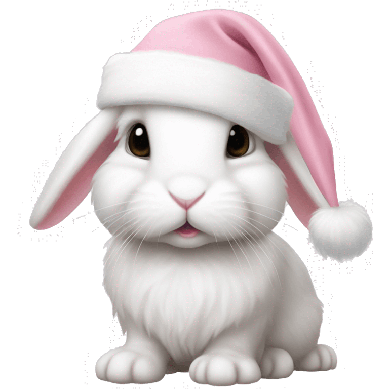 White mini lop rabbit in a light pink Santa hat emoji