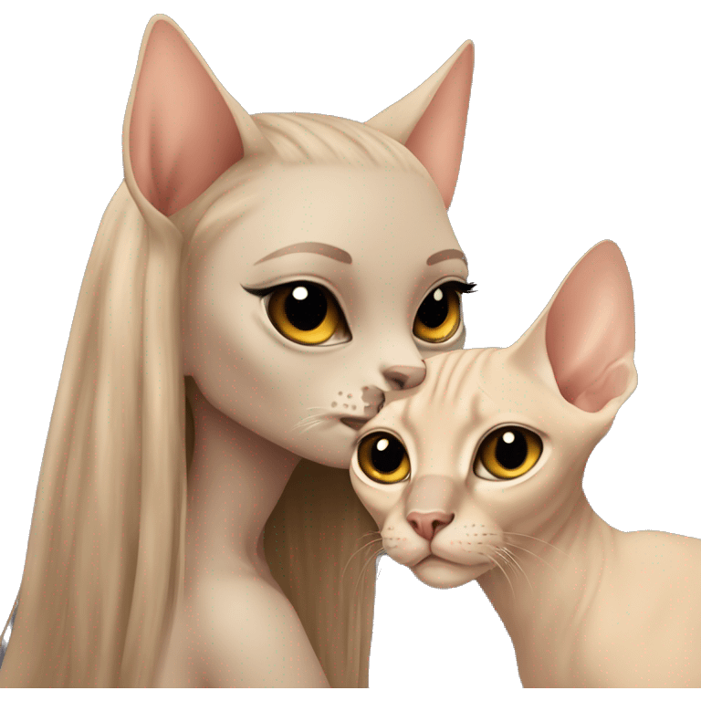 beige Sphinx cat and girl with long hair kissing it emoji