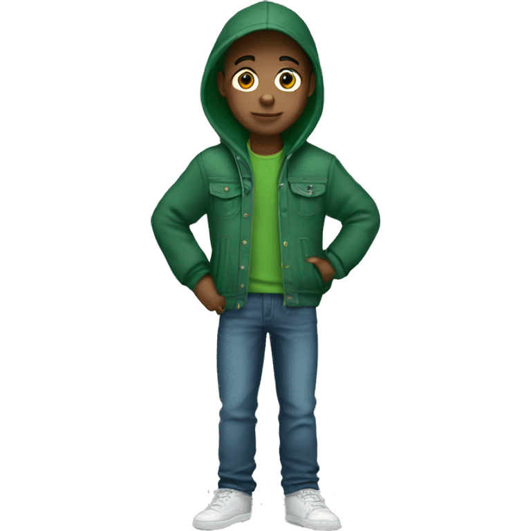 boy with beanie wearing green hoodie with jeans jacket outer emoji