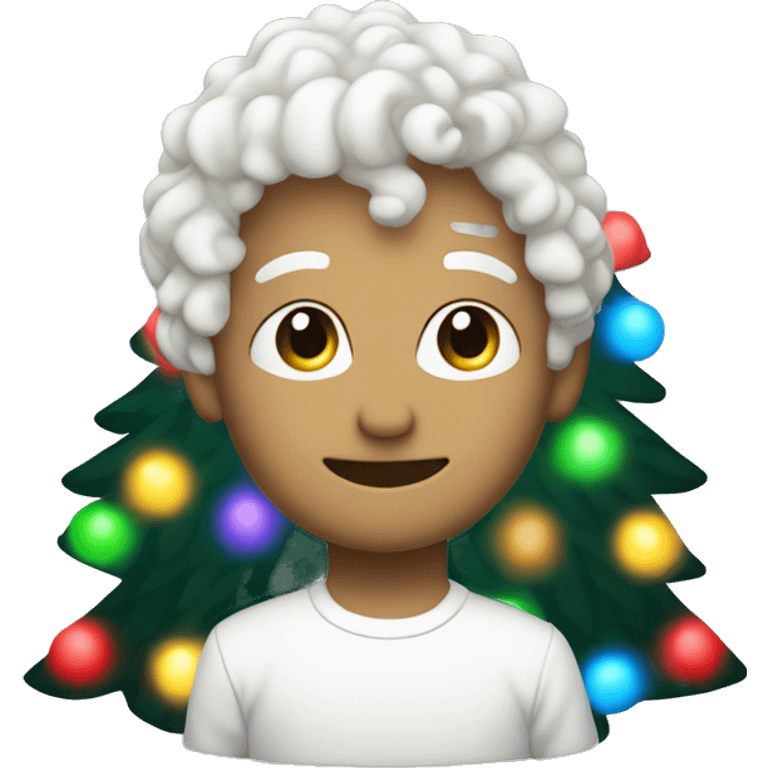 Small white curly hair dig under a rainbow colored light Christmas tree  emoji