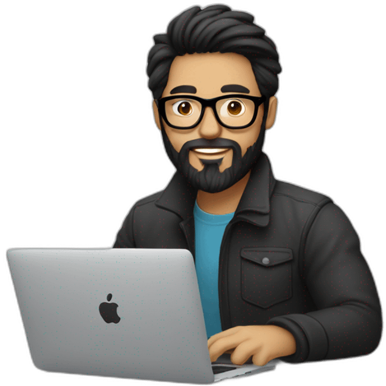 Designer with black hair, beard and glasses working with MacBook and drinking cappuccino  emoji