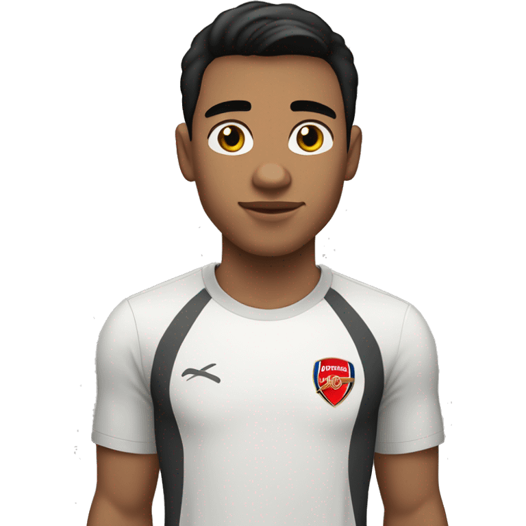 white 22 years old male with black hair and standard haircut also with brown eyes. Wearing an Arsenal t-shirt emoji