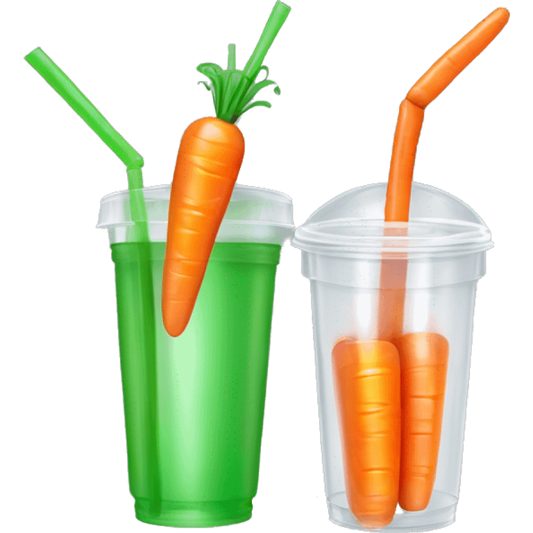 Realistic clear plastic cup half full of orange Transluscent soda with mini carrots floating inside the cup and green curly straw through the top. emoji