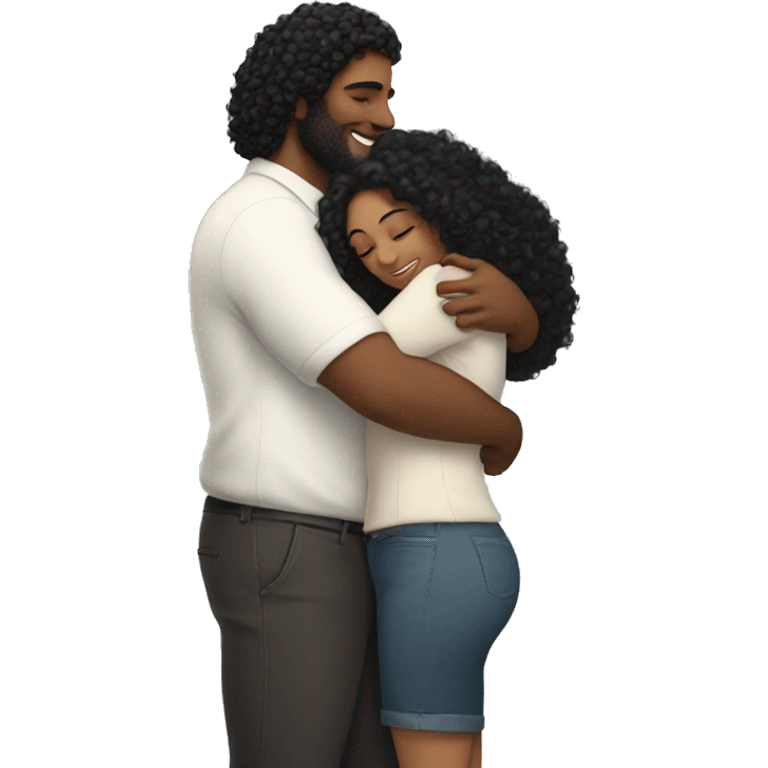 woman with long black curly hair hugs a tall broad man tightly emoji