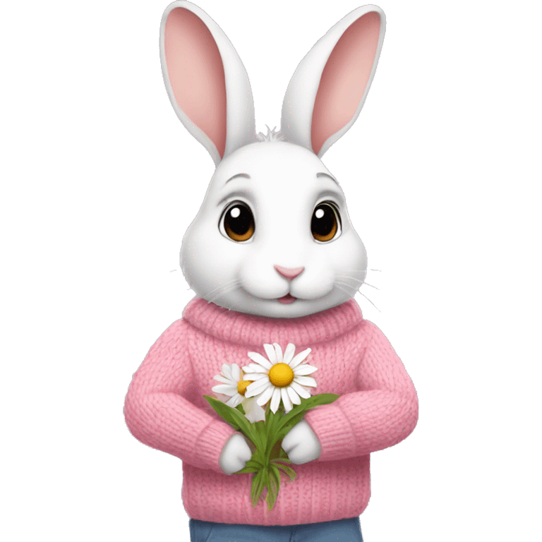 Rabbit is holding daisy and wearing pink sweater emoji