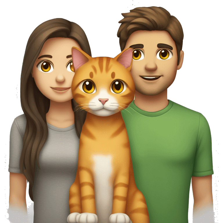 a brunette with long hair and brown eyes and her boyfriend with fluffy brown hair and brown eyes holding an orange cat with yellow eyes and a grey tabby cat with green eyes emoji