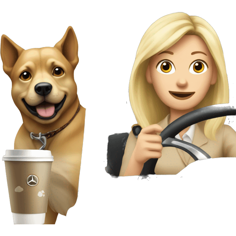 Dog and blonde woman driving  Mercedes drinking coffee emoji