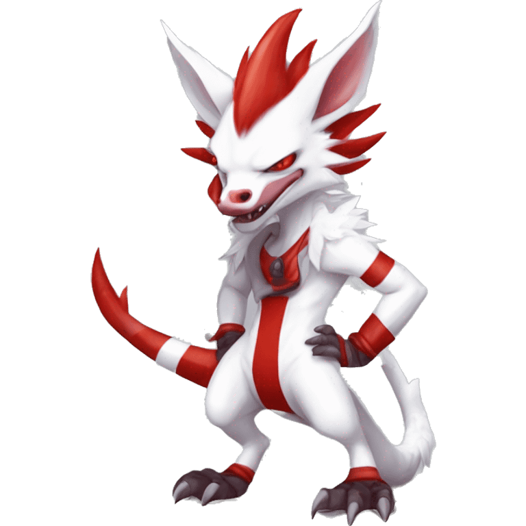 White edgy cute badass epic anthro modern albino sergal-vernid-Fakémon with red mane and red eyes, red stripes, red horns,  full body emoji