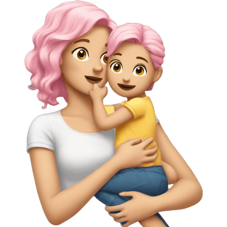 A blonde girl with pink hair holds a daughter with dark hair in her arms emoji