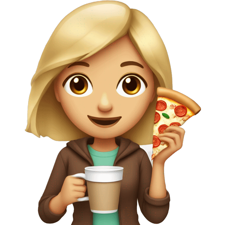 Cute girl with pizza on left hand and coffee on right hand  emoji