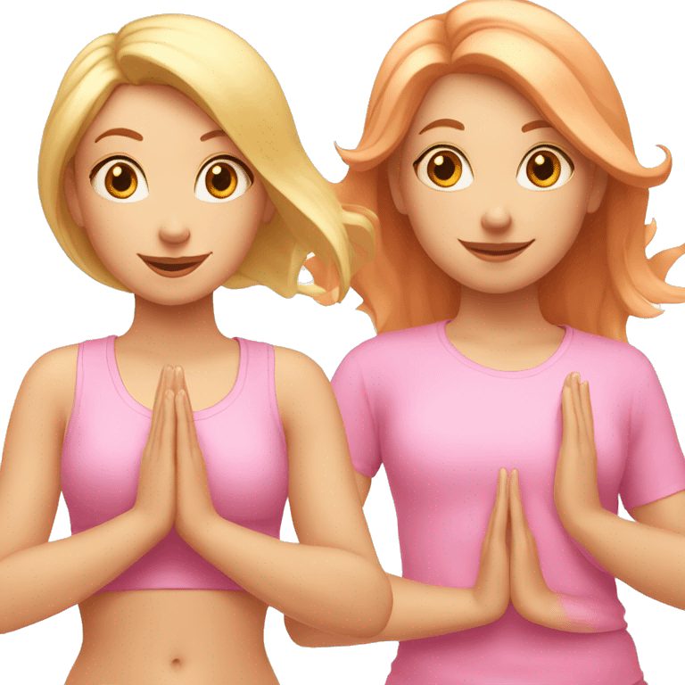 two girls doing yoga, one pale with copper hair and dressed in all pink, the other one blonde emoji