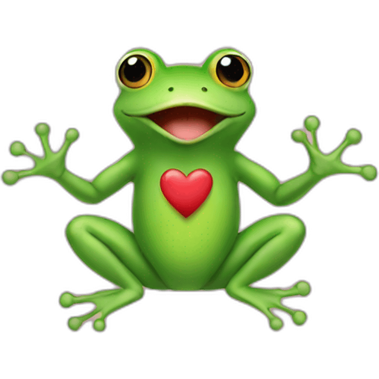 a green frog that is making heart hands emoji