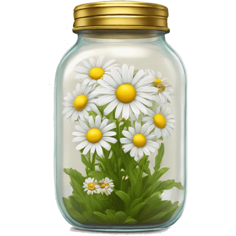 Realistic daisy flowers in a glass jar with a gold screw on lid on the top. emoji