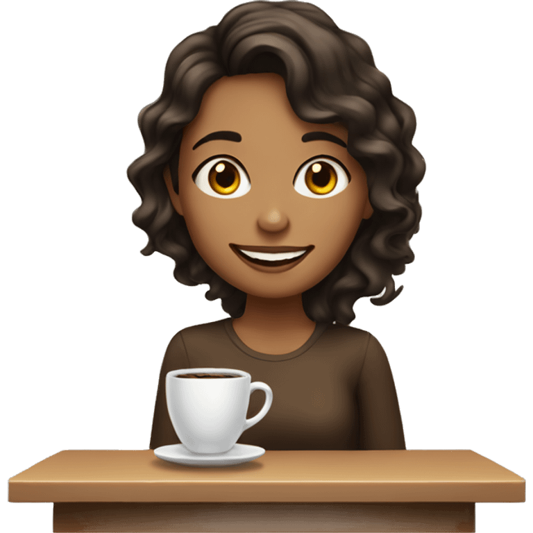 Girl with dark brown wavy hair not too long, with smile and coffee by side  emoji