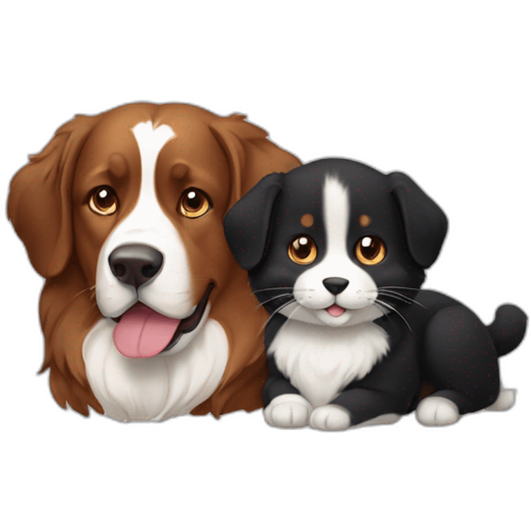 A brown and black cat without white poiles next to bernese dog emoji