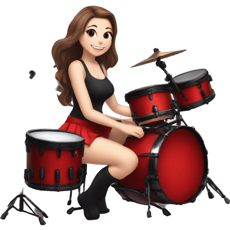 alistic full body caucasian curvy beauty short black skirt front view knickers long white socks sitting playing red drumkit emoji