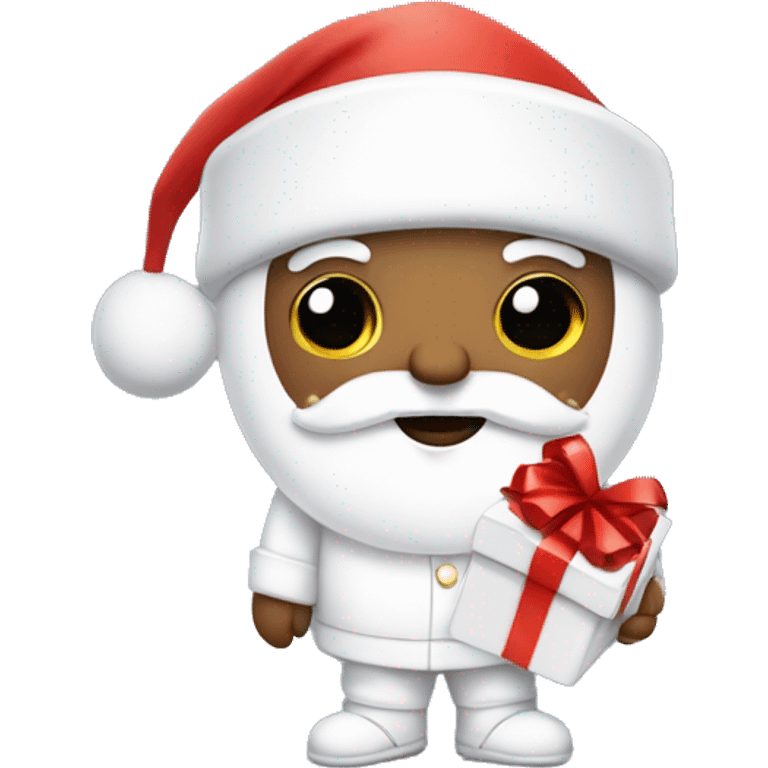 “An adorable full-body Santa with a white suit, fluffy white beard, rosy cheeks, big eyes, and a red hat with a white pom-pom, holding a small gift.” emoji