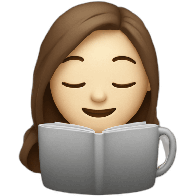 eyes closed smiling woman pale skin middle brown hair holding a laptop and a coffee mug, inside a blanket emoji