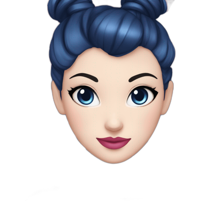 white pale woman, dark blue hair with a bun, pink eyes, lines across face horizon and vertical, dark blue hair, dark hair,rosy pink cheeks,pink lips, blue leotard, ballora, ballerina emoji