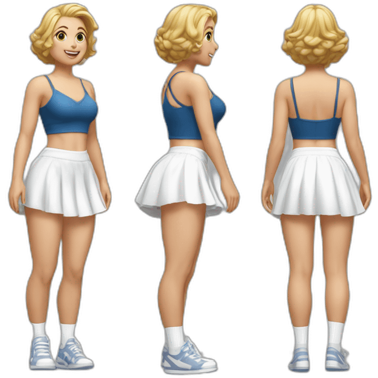 hyperrealistic-full-body-caucasian-curvy-beauty-jumping-small white-skirt-back-and-front-views-strong-wind-knickers white socks emoji