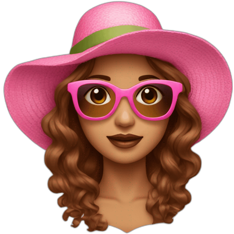 pink sunglasses on female head with wavy brown hair and a summer hat emoji