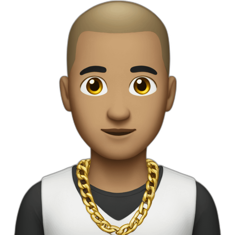 white male thug with dark black hair buzz cut wearing gold chain emoji