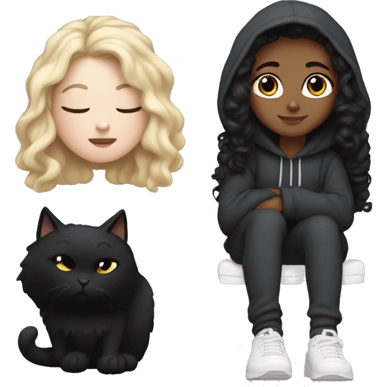 White girl with long curly black hair in a hoodie and sweatpants sitting next to a black cat  emoji