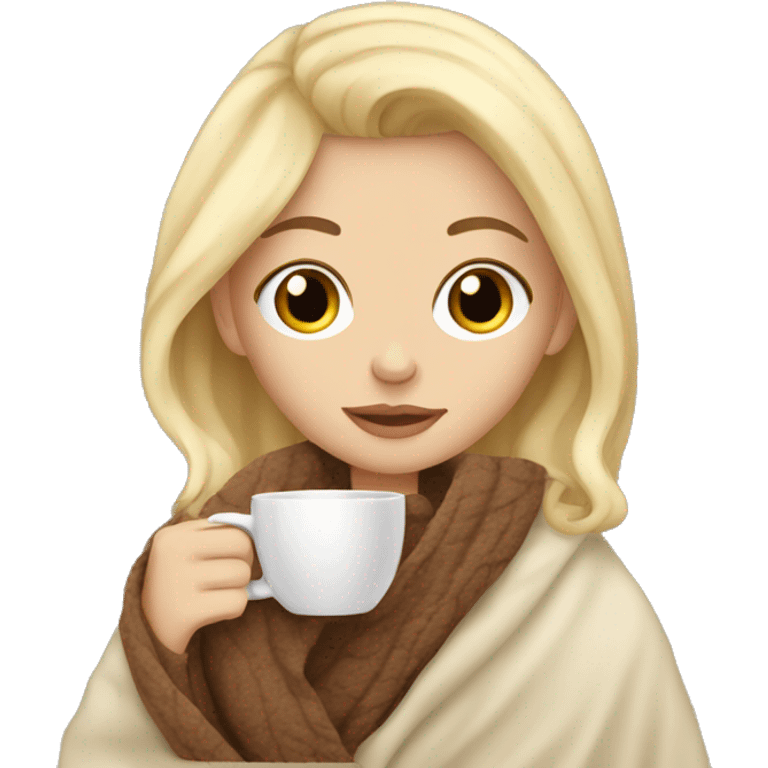 Light blonde hair Girl with brown eyes, drinking coffee, with a cozy blanket emoji