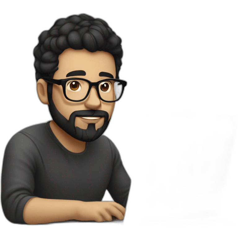 Designer with black hair, beard and glasses working with MacBook and drinking cappuccino  emoji