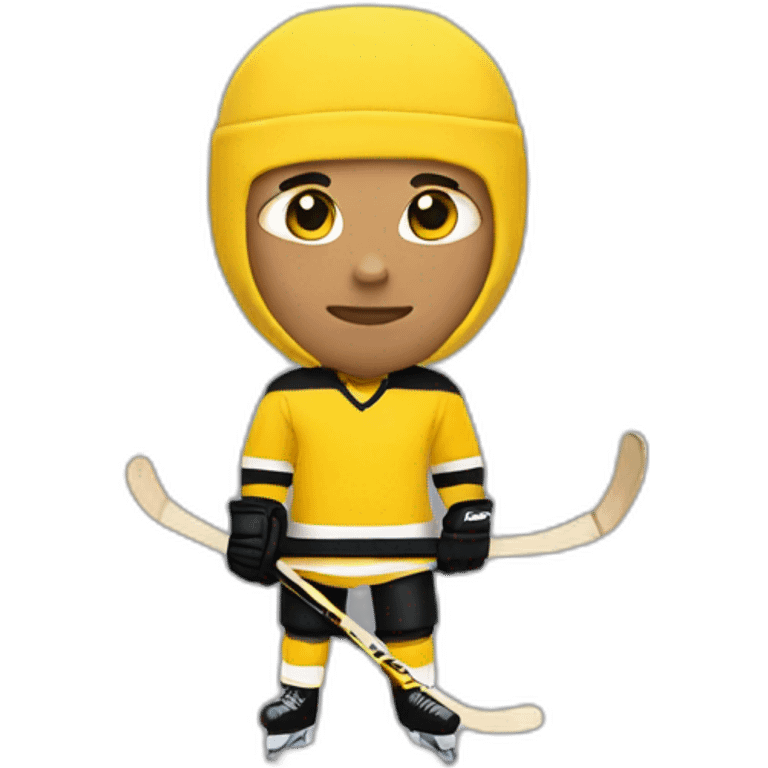 Guy wearing a yellow balaclava and a yellow and black hockey jersey emoji