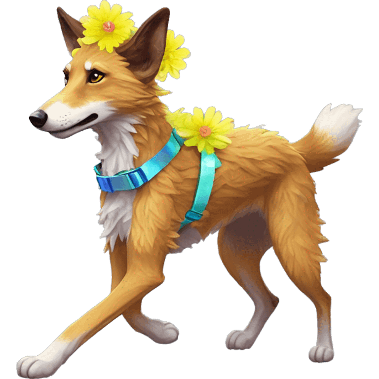  brindle fluffy lurcher fox running blue eyes fluffy ears and iridescent holographic oilslick harness wearing paper flower crown yellow caution tape neon sign emoji