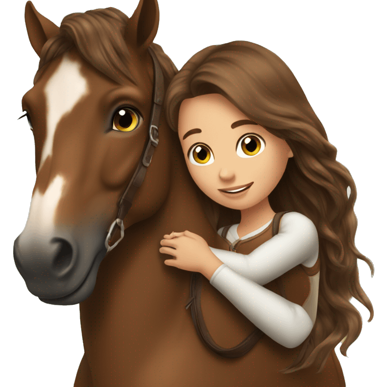 Beautiful Girl long brown hair hug her brown horse emoji