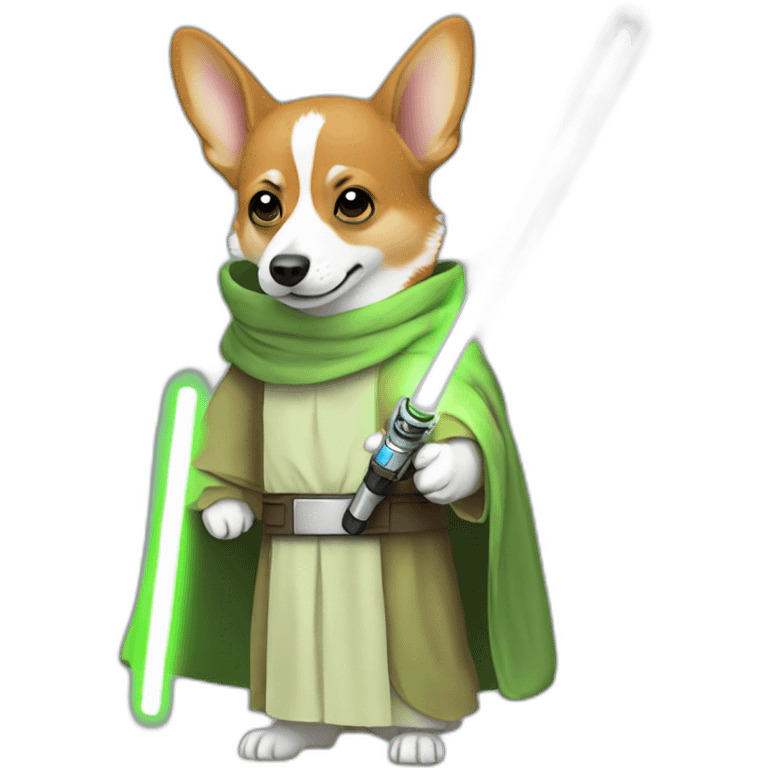 Corgi dress as yoda with one light saber green emoji