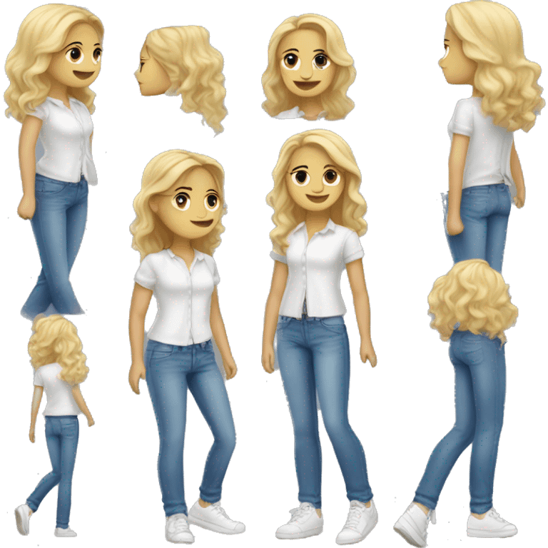 Blond girl with white shirt jeans jacket jeans pant and light blue sneakers jeans bow pie emoji